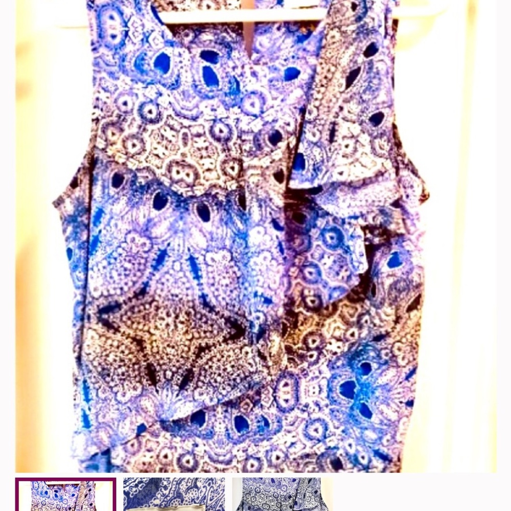 HD in Paris tropical Blue and Brown Asymmetrical Ruffled Blouse